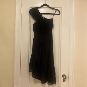 LoveShackFancy one shoulder black cotton embroidered dress w ruffled hem
